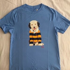 Polo by Ralph Lauren Blue Tee with Dog Graphic and Yellow & Black Stripes